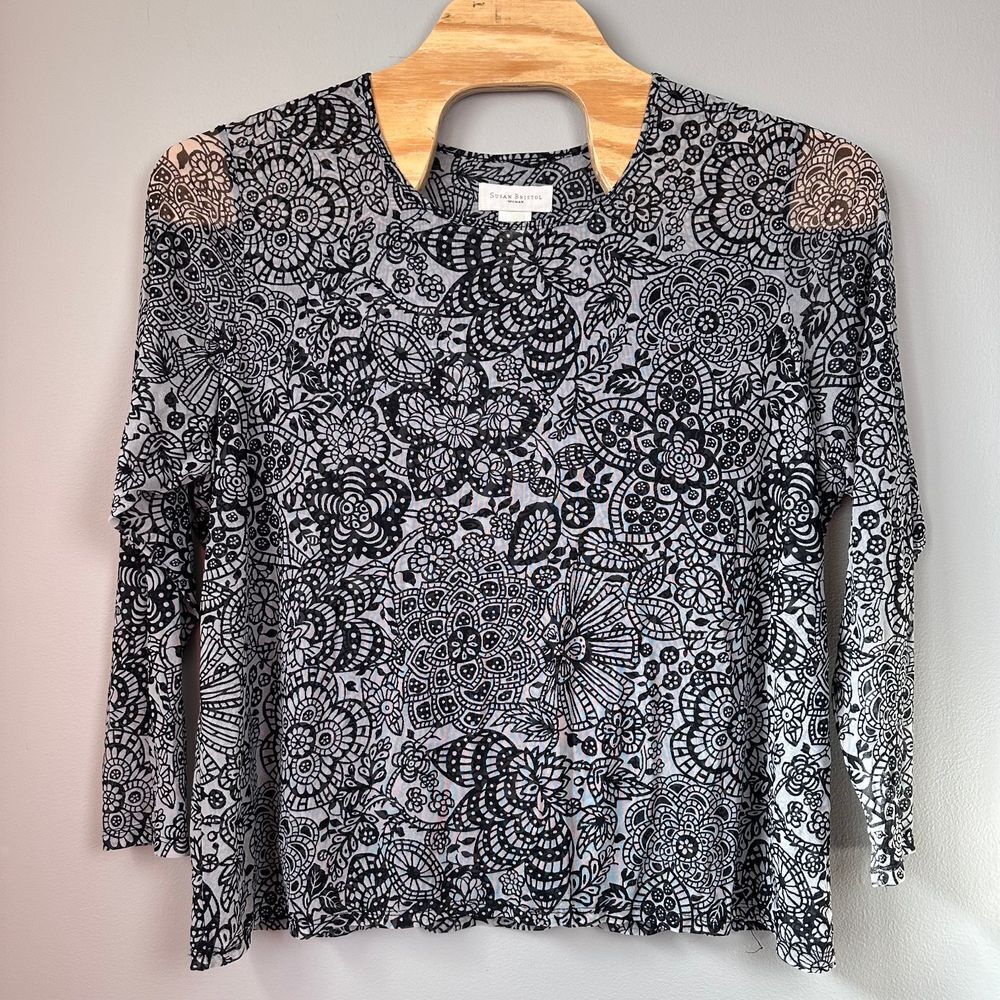 Women Mesh Shirt 3X Black White Fairy Grunge Floral Sheer Susan Bristol